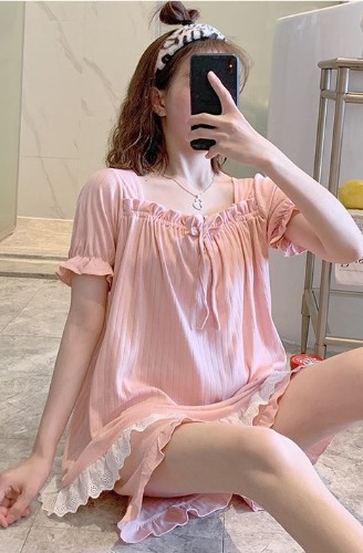 레이스 여름 잠옷 상하의 세트 반팔 반바지 파자마 홈웨어 (스카이 핑크 아이보리 옐로우)